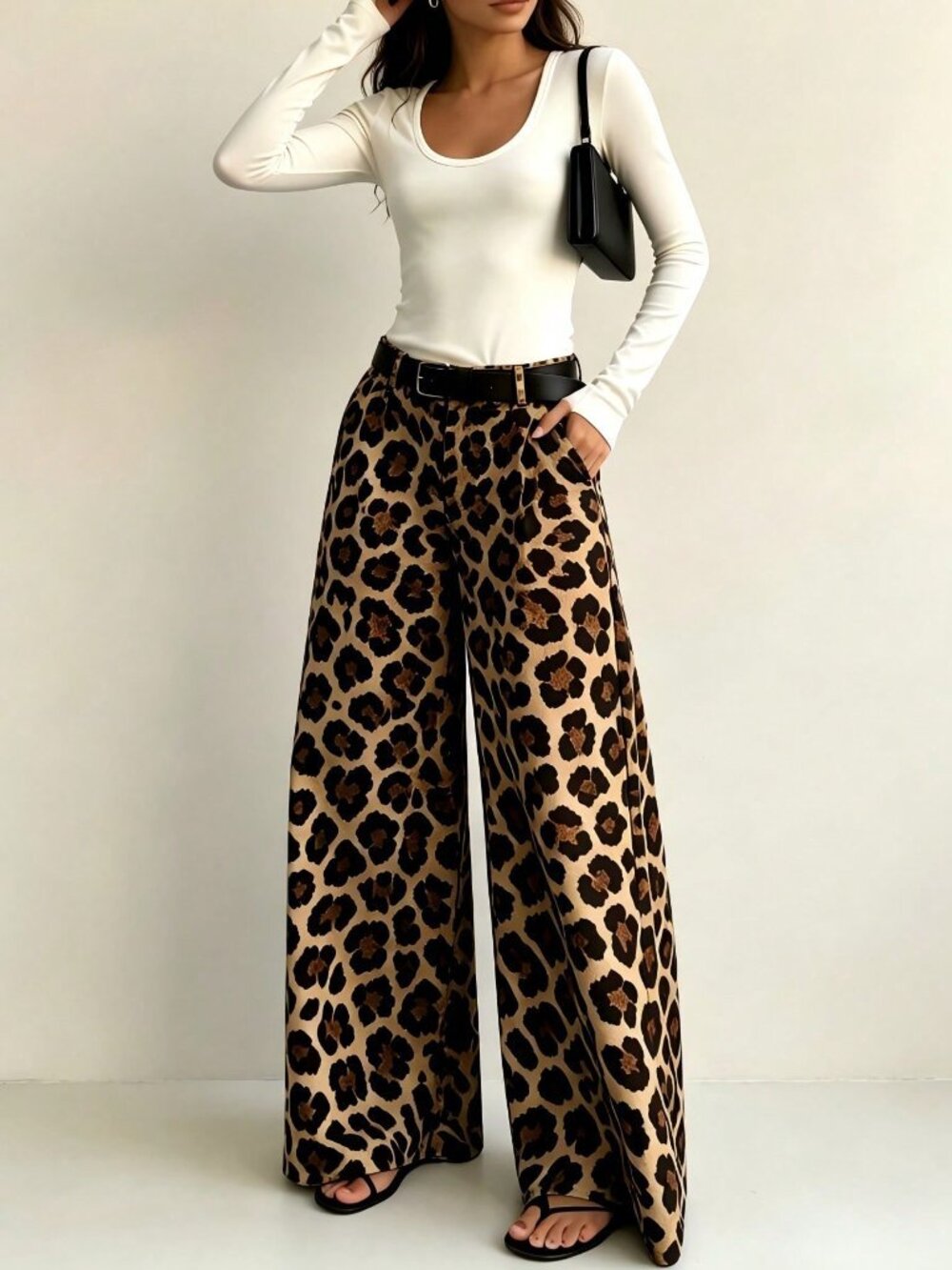 Multicolor Casual Women's Leopard Print Belted Pleated High Waist Wide Leg Pants - Picture 4 of 4
